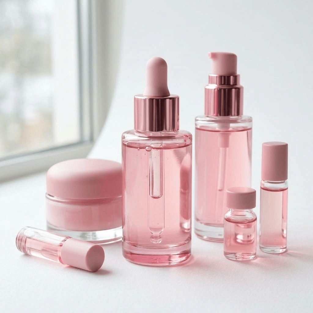 Pink bottle of Skin Glow Radiance Serum with gold dropper